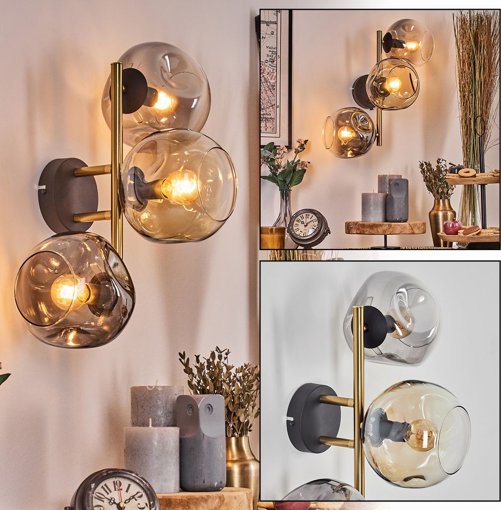 Villamare Wandlampe aus Metall/Glas in Schwarz/Gold/Rauch/Bernstein/Klar