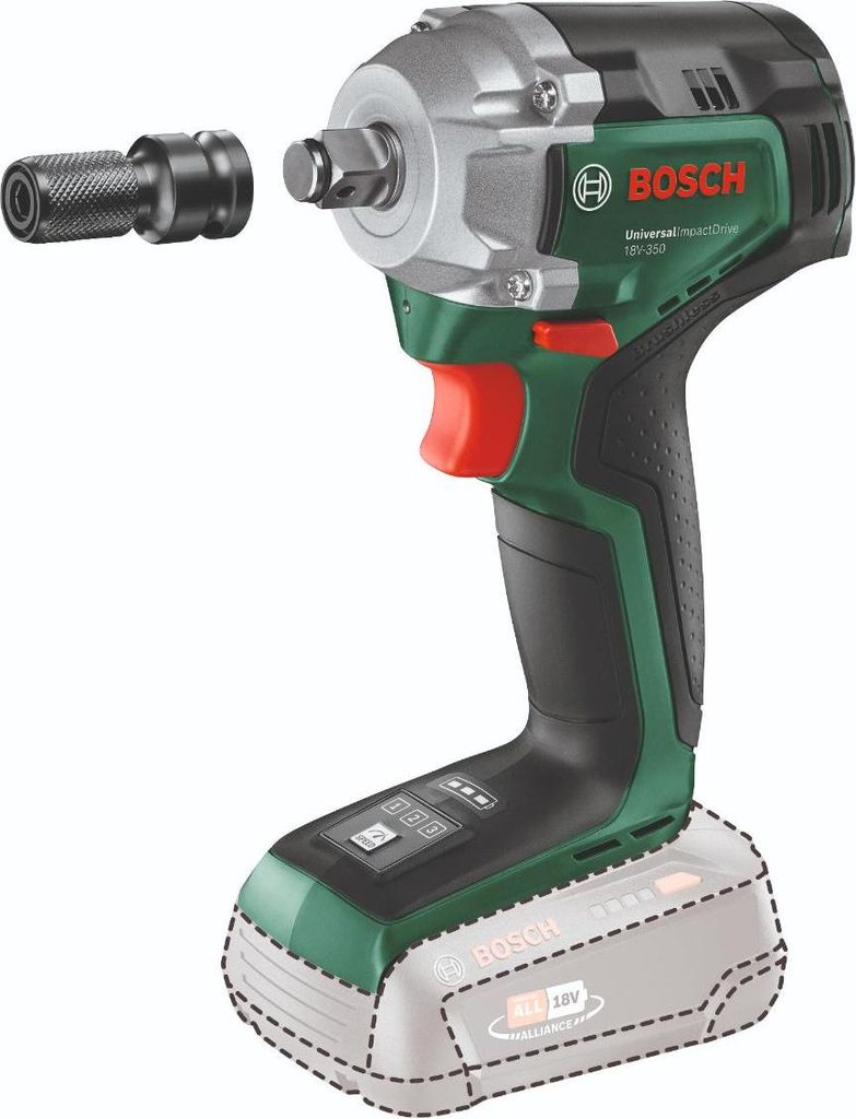 A Bosch cordless impact driver with a socket adapter shown separately.
