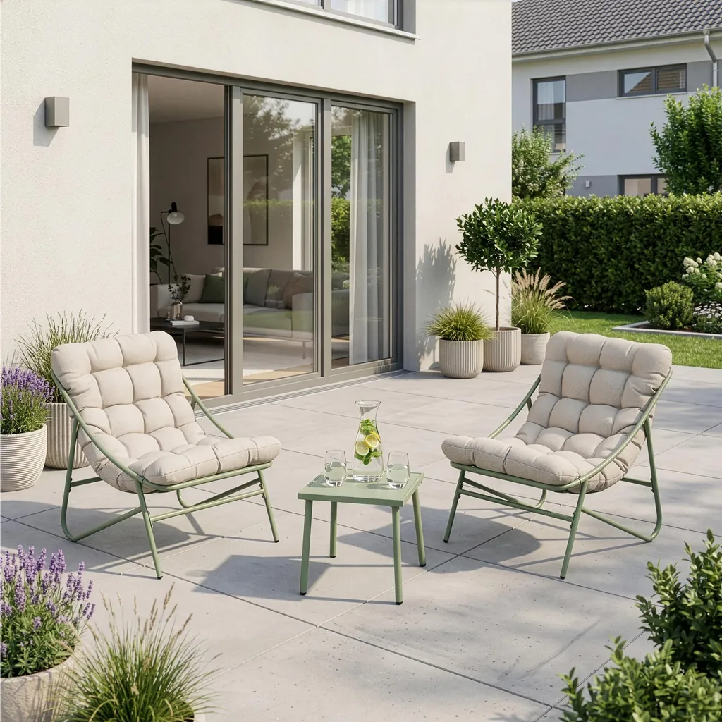 Aménager un petit balcon avec 2 fauteuils relax et table vert clair