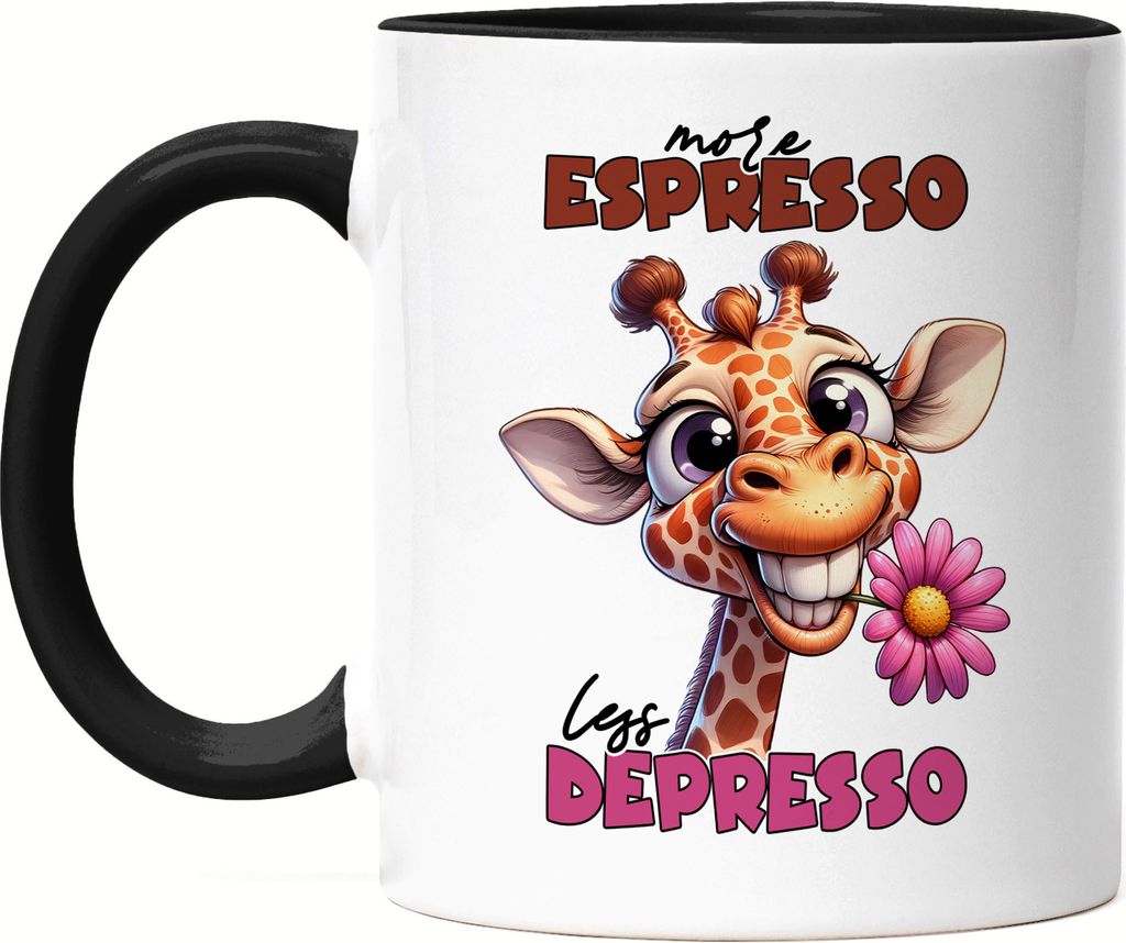 More espresso less depresso Tasse Schwarz lustiger Spruch Kaffee Espresso Giraffe