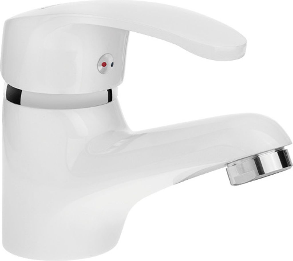 A white bathroom faucet is shown against a white background.