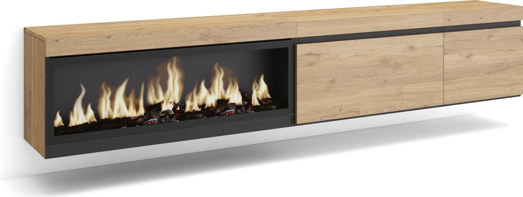 TV-Schrank, Lowboard, 237x35x45 cm, Für großformatiges TV, Elektrokamin XXL, Hängend, Eiche