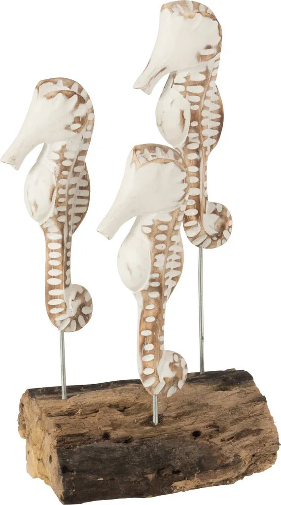 Statue Hippocampe Décorative en Bois Naturel et Blanc pour Salon
