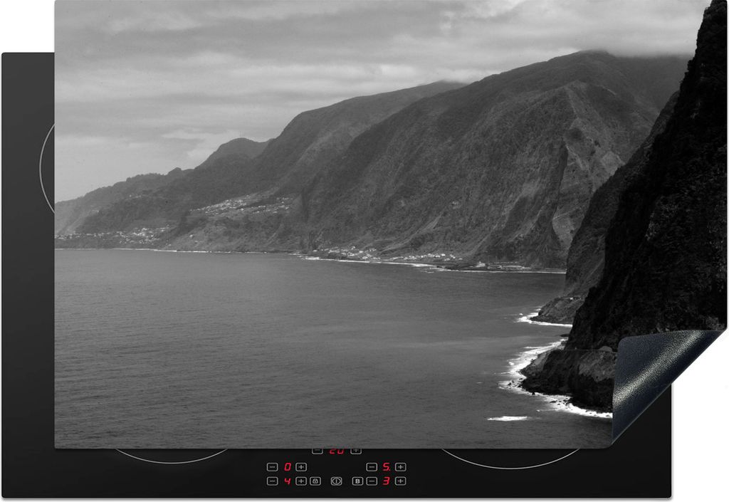 KitchenYeah Herdabdeckplatte Meer - Schwarz - Weiß - Madaira , 76x51cm, Küche Deko, Glaskeramikfeld Herdabdeckung, Abdeckplatte fùr Kochfeld