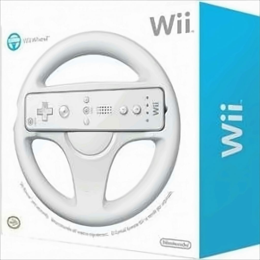The image shows the retail packaging of a white Nintendo Wii steering wheel accessory.