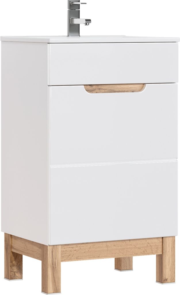 Waschtischunterschrank mit 52cm Keramik-Waschbecken SOLNA-56 Hochglanz weiß Wotaneiche, B/H/T ca. 52/85/40 cm