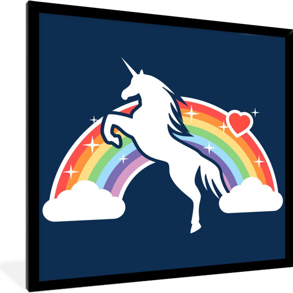 MuchoWow Gerahmtes Poster Eine Illustration von einem weißen Einhorn vor einem Regenbogen auf einem blauen Hintergrund - Mädchen - Kind - Baby ...