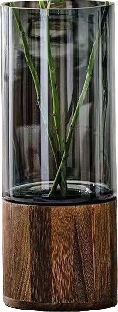 Zylindrische Blumenvase aus klarem Glas mit Holzsockel, rustikales Tafelaufsatz für Hochzeitsfeiern, Esstische, hydroponischer Blumenhalter, trans...