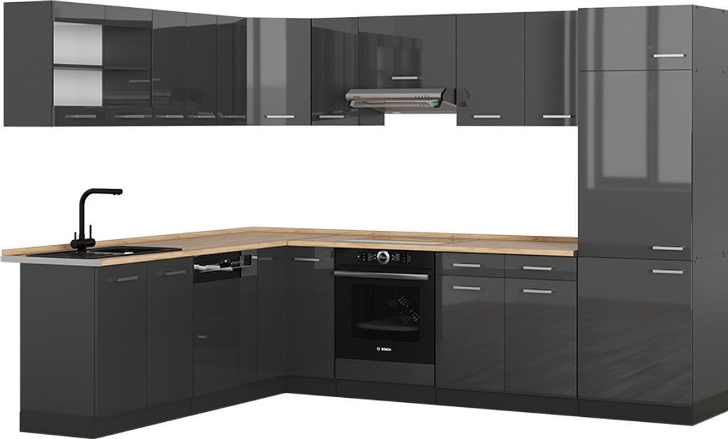 Eckküche Vicco R-Line Anthrazit Hochglanz/Anthrazit 287 x 60 cm , AP Eiche, Model 54071