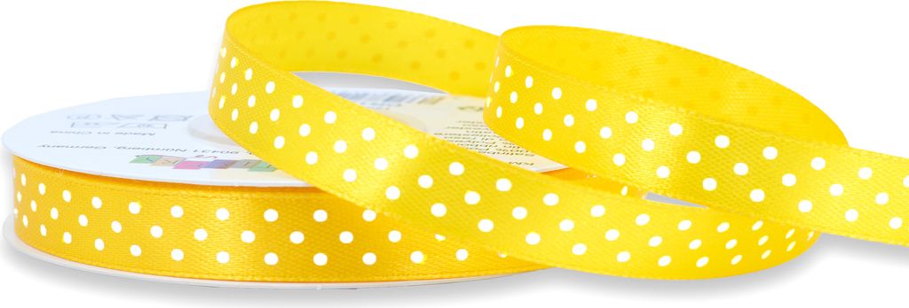 Einseitig glänzendes, weiß gepunktetes gelbes Satinband auf Rolle. Perfekt für Bastelprojekte und Geschenkverpackungen
