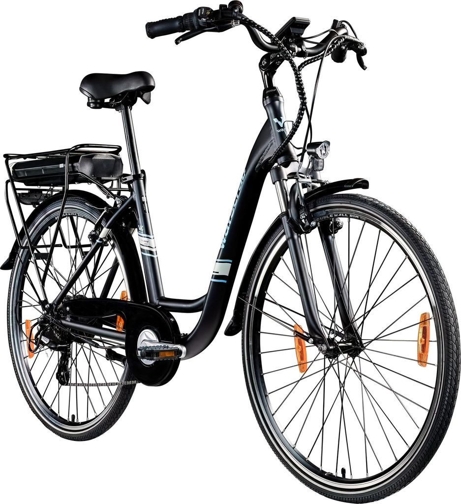 A black electric bicycle is shown against a white background.