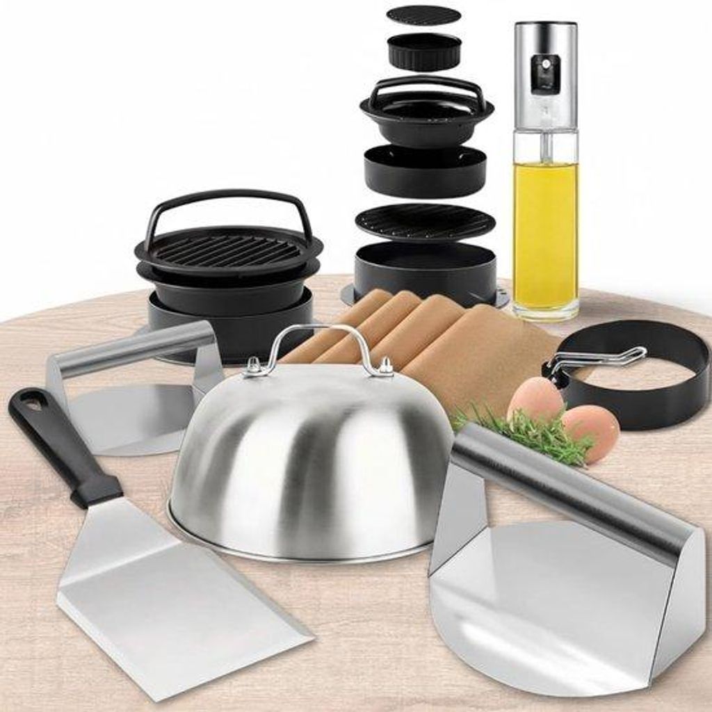 Famanu Hamburger-Set 6-teilig mit Presse, Spatel, Haube, Eierform und Rezeptbuch