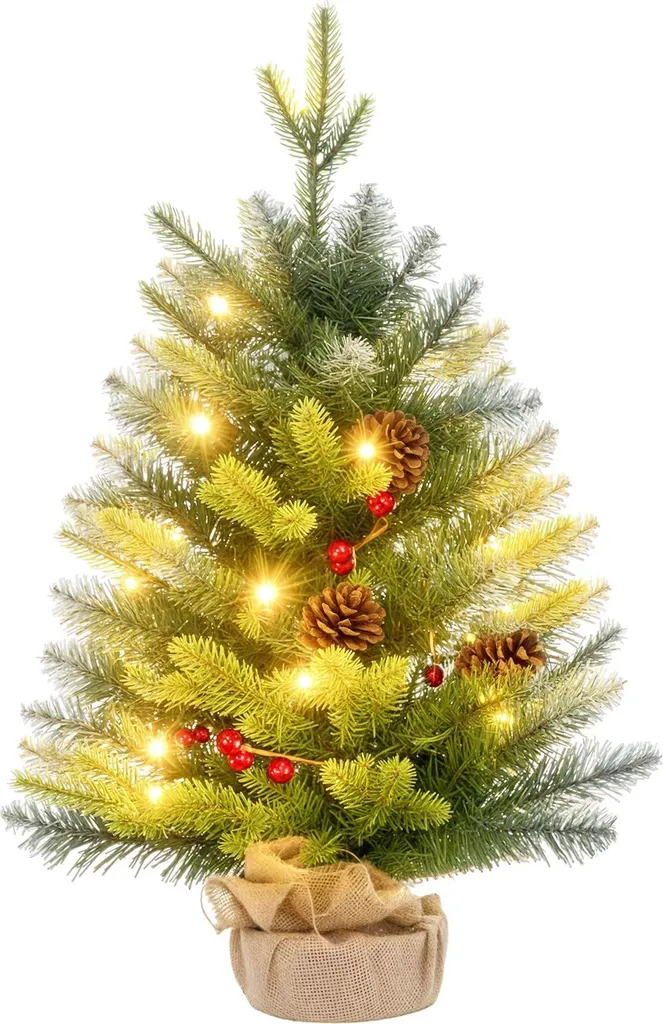 Arbre de Noël de table 60 cm avec 20 LED et décorations - Vert Naturel