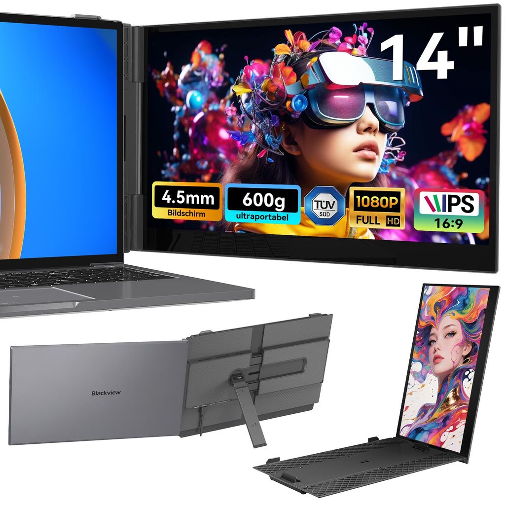 Blackview SCM6 14" Tragbarer Monitor, 1920×1080 ultradünn Computerbildschirm(für 13-17,3" Laptops), Low Blue Light, 180° horizontal drehbar