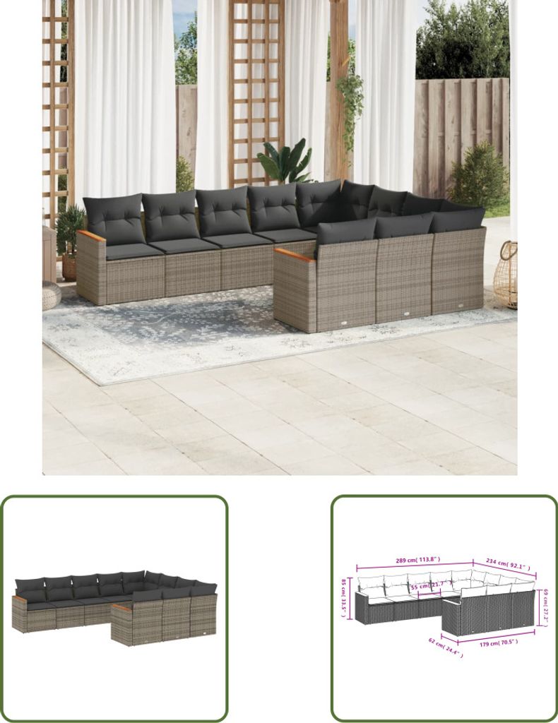The Living Store 10-tlg. Garten-Sofagarnitur mit Kissen Grau Poly Rattan