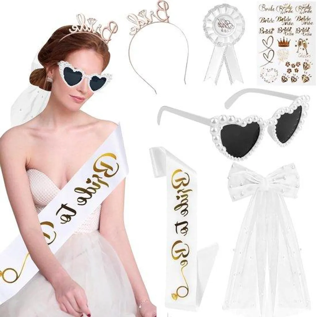 Kit accessoires mariée voile en tulle, lunettes cœur et tatouages Or