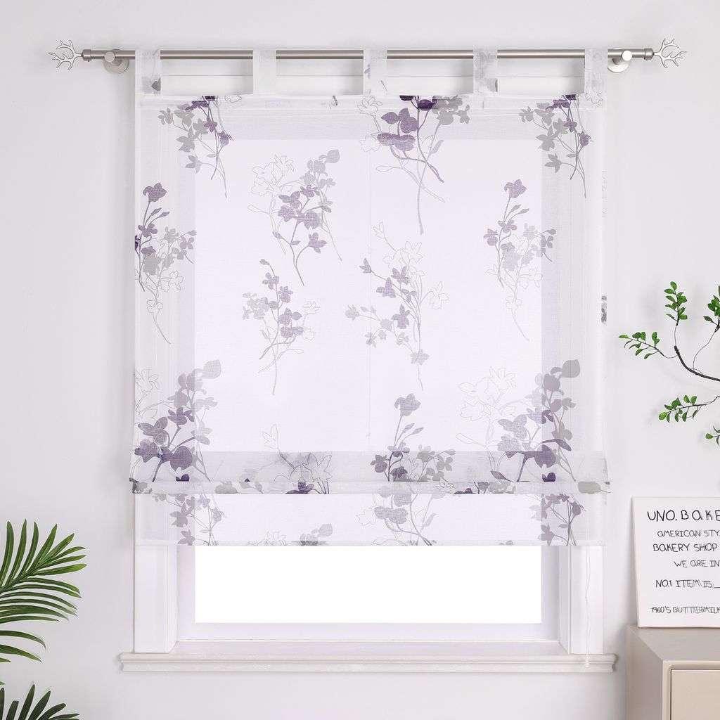Joyswahl Raffrollo mit Schlaufen Küche Gardinen Raffgardine mit zweifarbigen Blumenmustern Landhausstil Transparent Lila-Weiß BxH: 80x140 cm