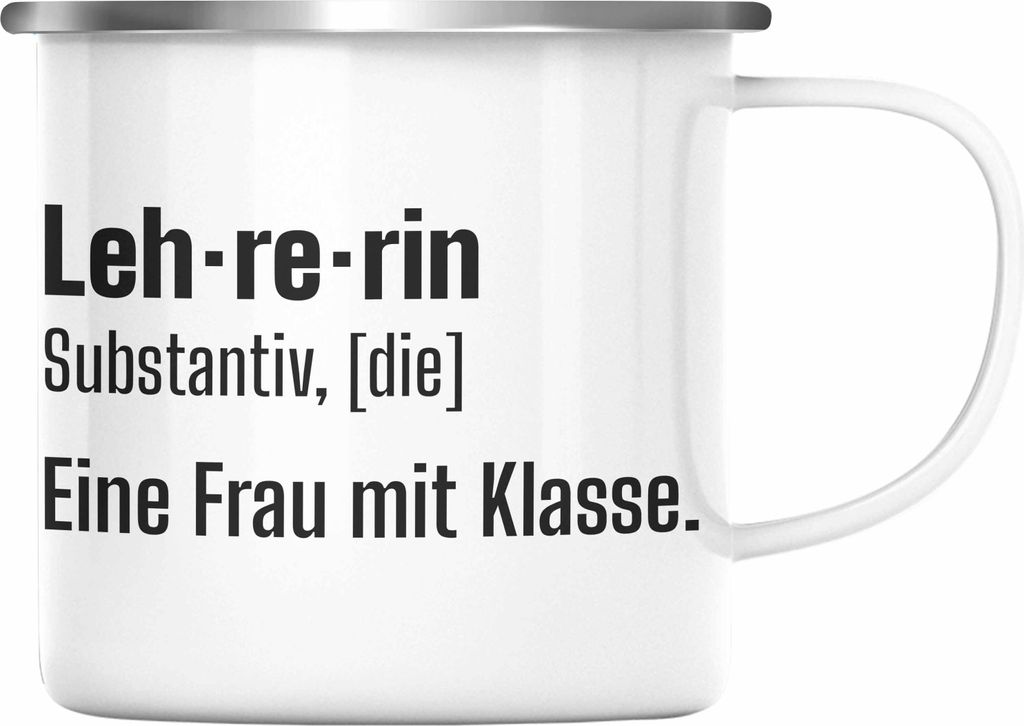 Trendation - Lehrerin Geschenk Emaille Tasse Geschenkidee Lustig Danke Sprüche Dankeschön Grundschule Frau mit Klasse (Silber)