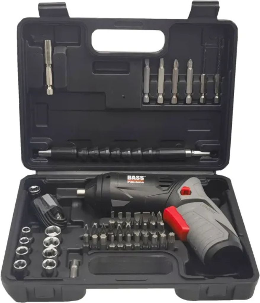 A black plastic case containing a cordless screwdriver and various accessories.
