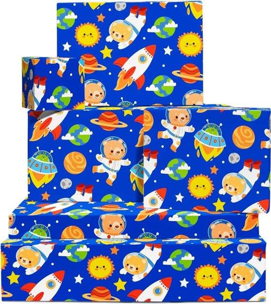 Papier Cadeau Enfant Papier Kraft Fusées Étoiles Animaux 50x70cm