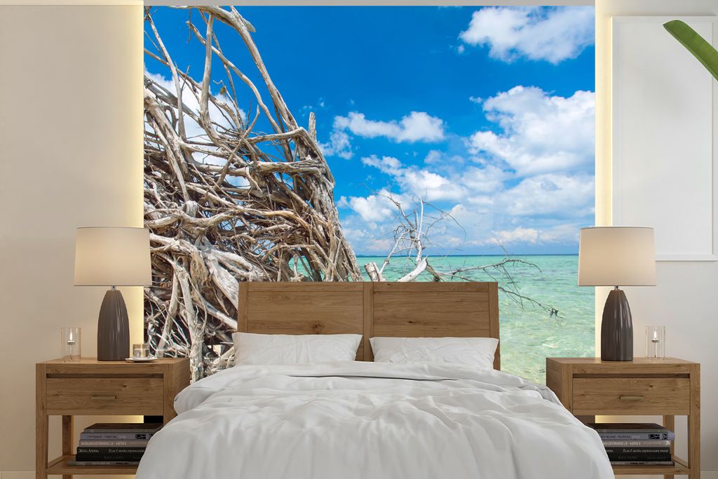 MuchoWow Fototapete für Wohnzimmer oder Schlafzimmer Wandtapete Vinyl Motivtapete Strand - Äste - Tropisch - Meer - 350x350 cm - Schlafzimmerta...