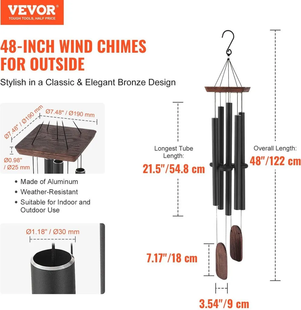 Grand carillon à vent commémoratif en métal avec tubes 122 cm noir