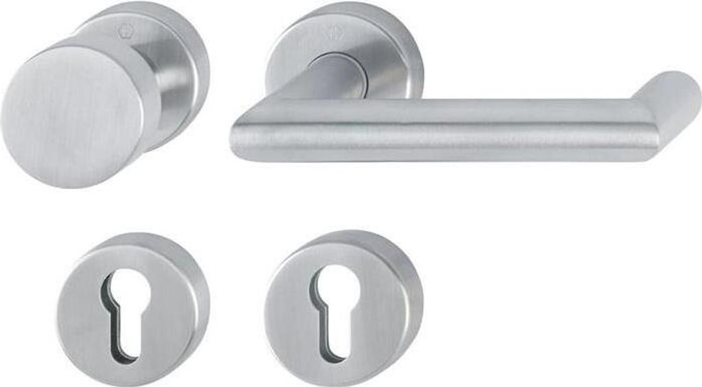 A set of door hardware, including a lever handle, a round knob, and two keyhole escutcheons, arranged on a white background.