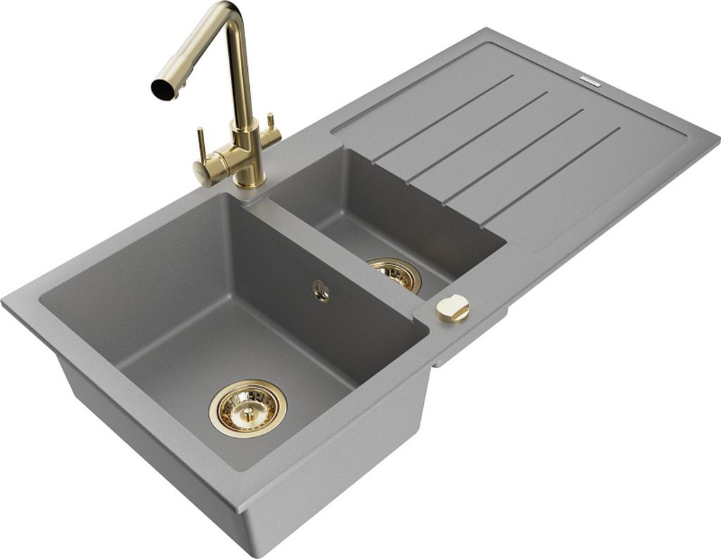 Mexen Andres 1,5-Becken-Granitspüle mit Abtropffläche und Mischbatterie Duero, Grau - 6515-71-671600-50