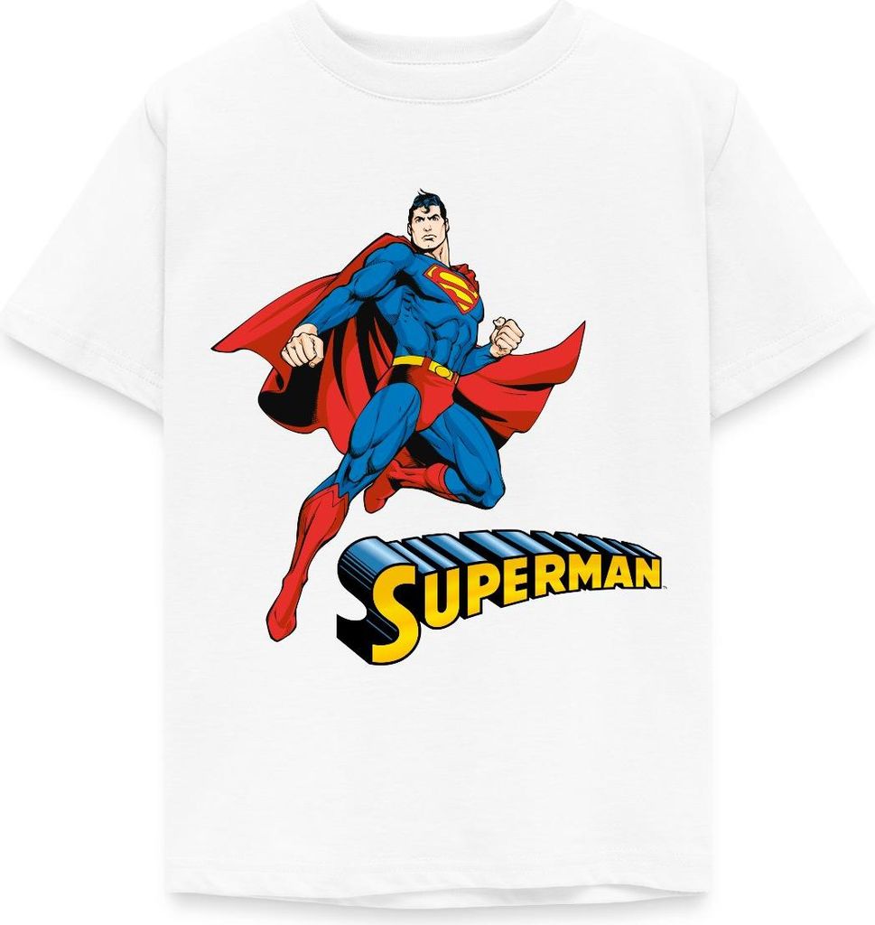 Spreadshirt DC Comics Superman Pose + Schriftzug Kinder T-Shirt, 122/128 (7-8 Jahre), Weiß