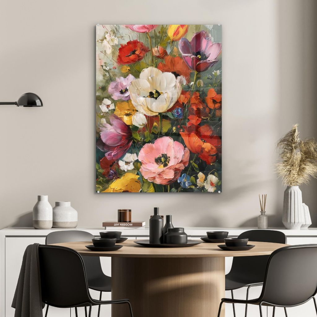 MuchoWow Glasbilder - Bilder auf Wandbild - Foto auf Glas Heiteres Bouquet - Dynamisch - Dezente Farbtupfer 60x80 cm Wanddekoration aus Glas - Acry...