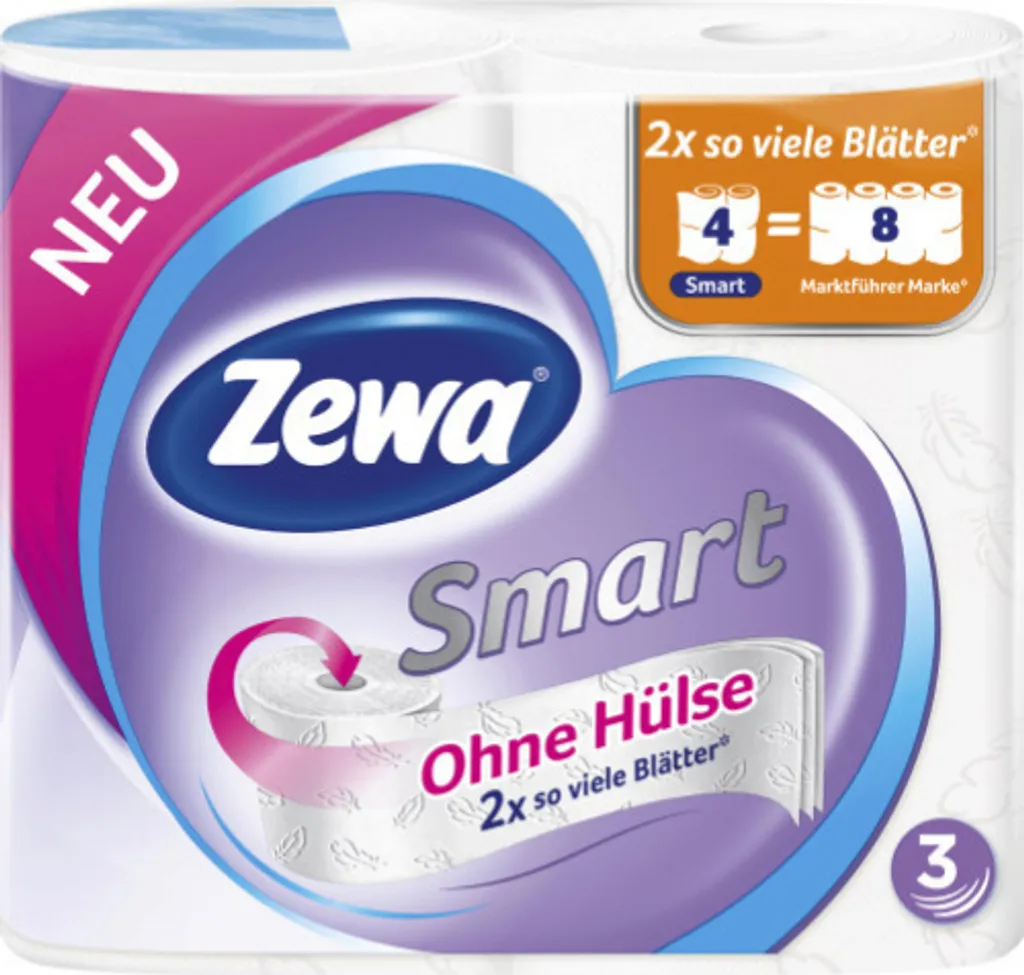 Zewa Smart Papier Toilette Sans Tube 3 Plis - 4 Rouleaux Résistants