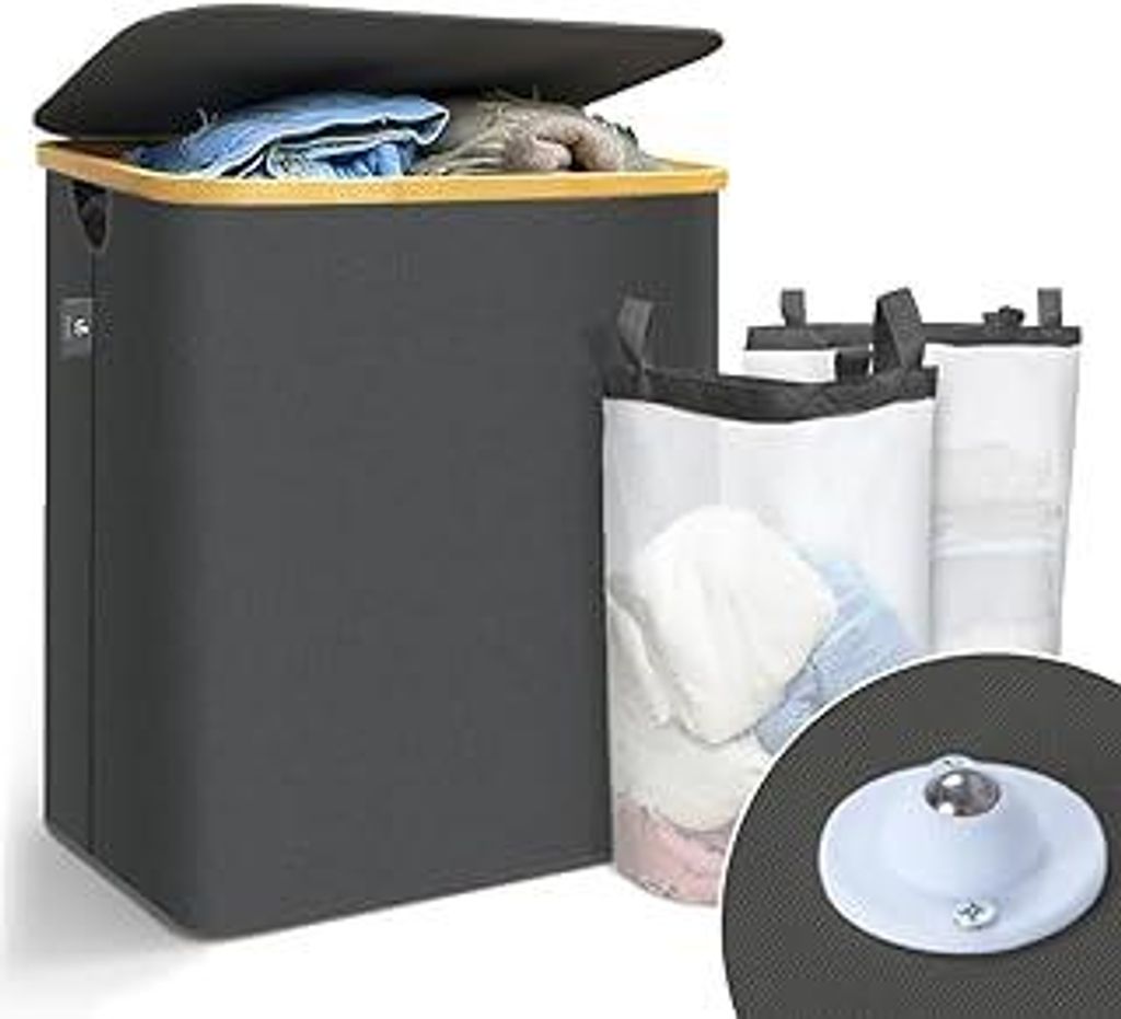 Wäschekorb mit Deckel 145L, Faltbarer Wäschesammler 2 Fächer & Herausnehmbar Wäschesäcke, Laundry Baskets Wäschebox Schmal, Grau