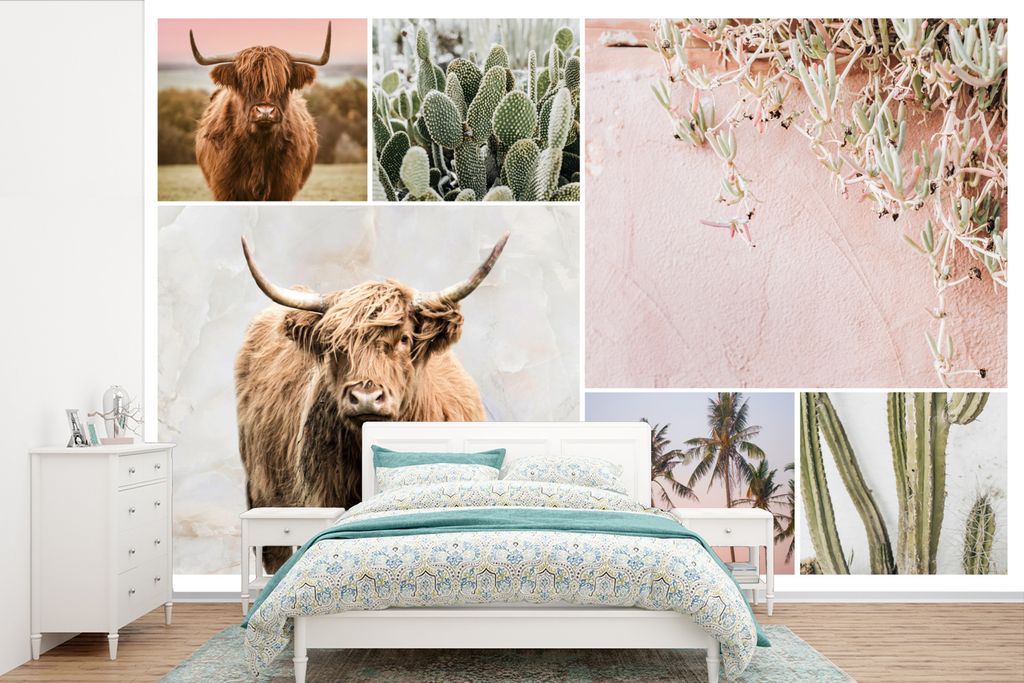 MuchoWow Fototapete für Wohnzimmer oder Schlafzimmer Wandtapete Vinyl Motivtapete Schottischer Highlander - Collage - Kaktus - 450x300 cm - Gemu...