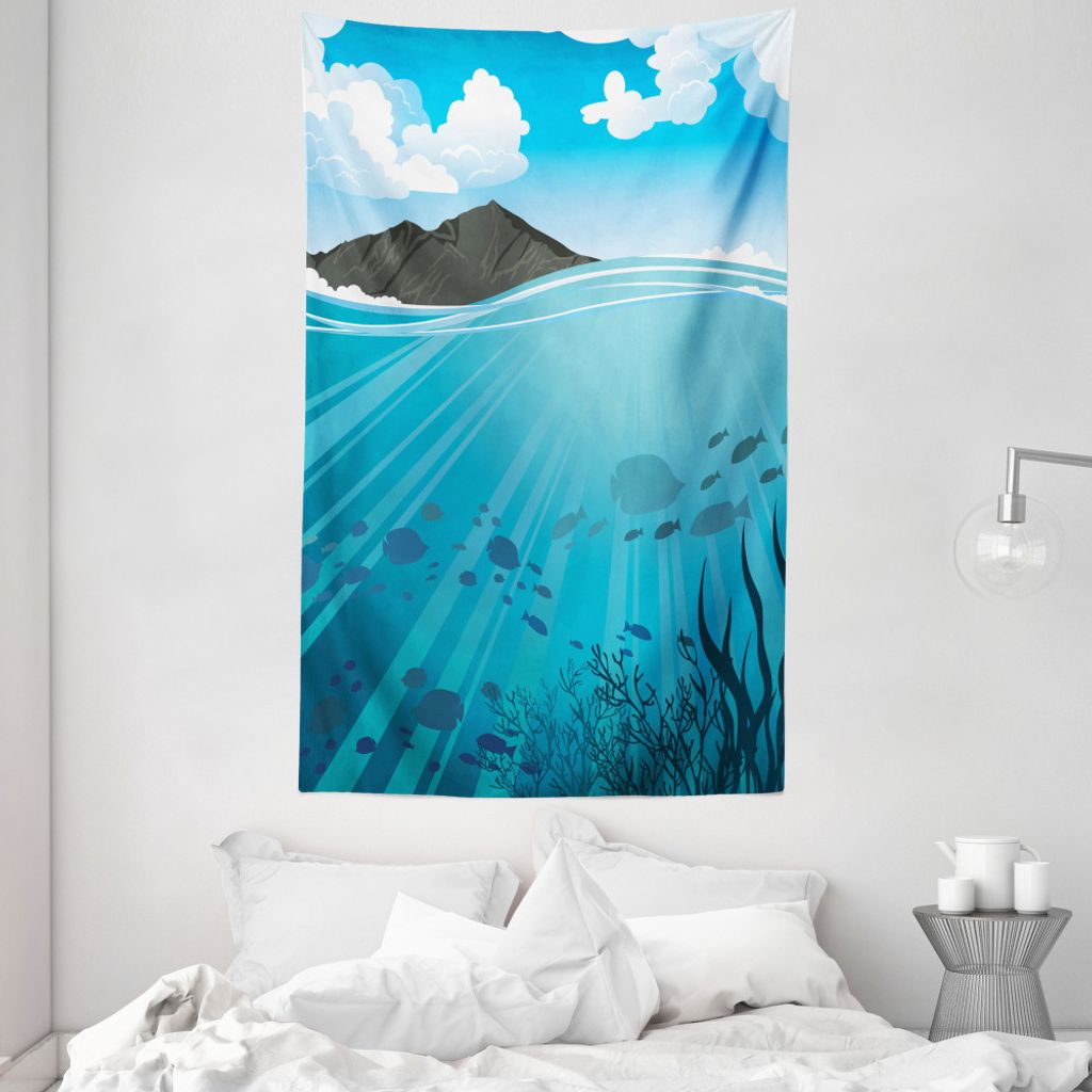 ABAKUHAUS Küsten Wandteppich und Tagesdecke, Fische Meer Berg aus Weiches Mikrofaser Stoff Waschbar ohne Verblassen Digitaldruck, 140 x 230 cm, An...