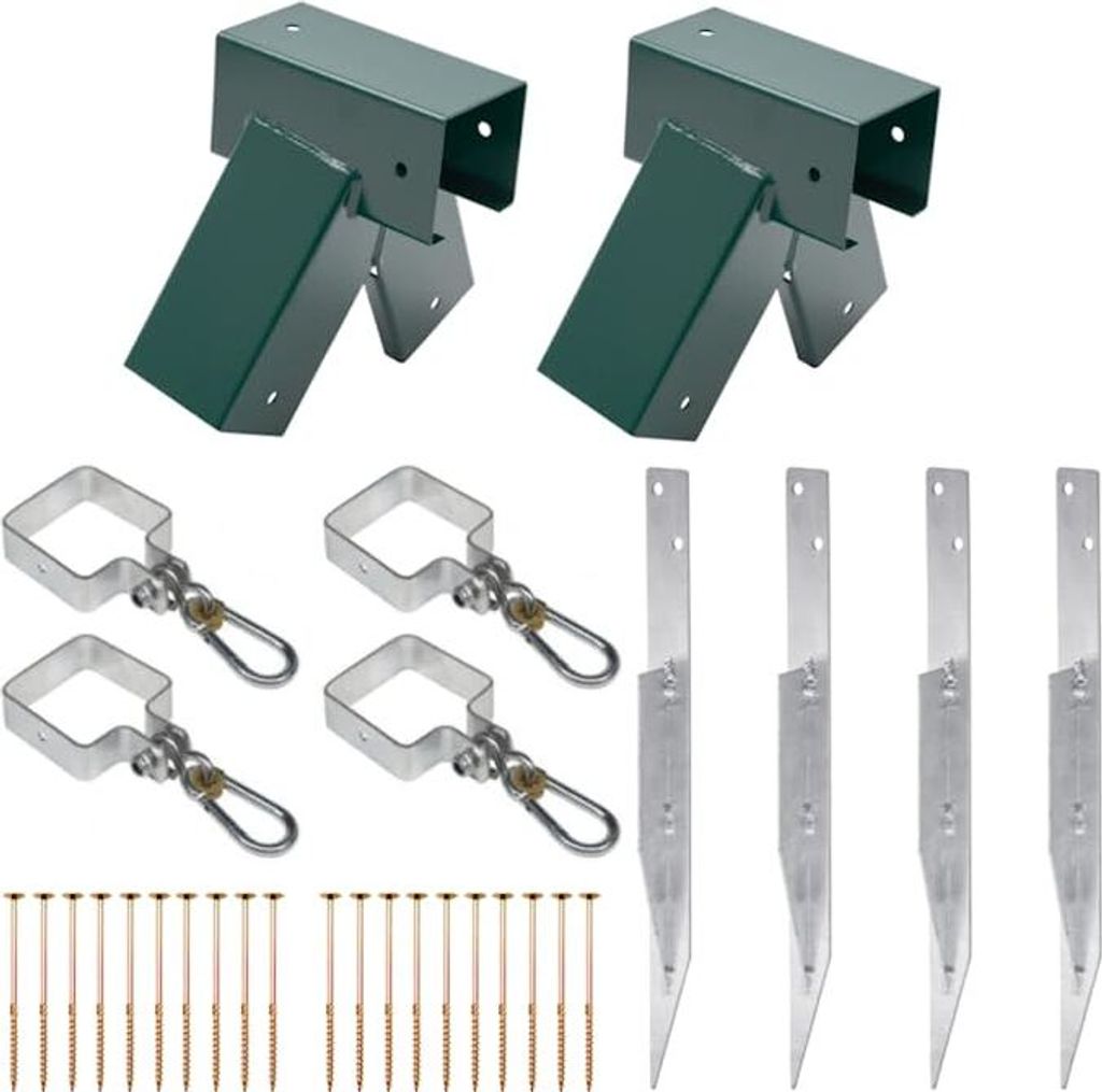A collection of playground swing set hardware components laid out on a white background.