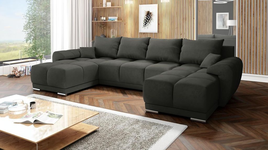 Velvet Ecksofa in U-Form – Hellschwarz M95 Sofa – Couch mit Stauraum und Kissen - Ausziehbares Schlafsofa – Sofa mit Schlaffunktion - Schlafs...