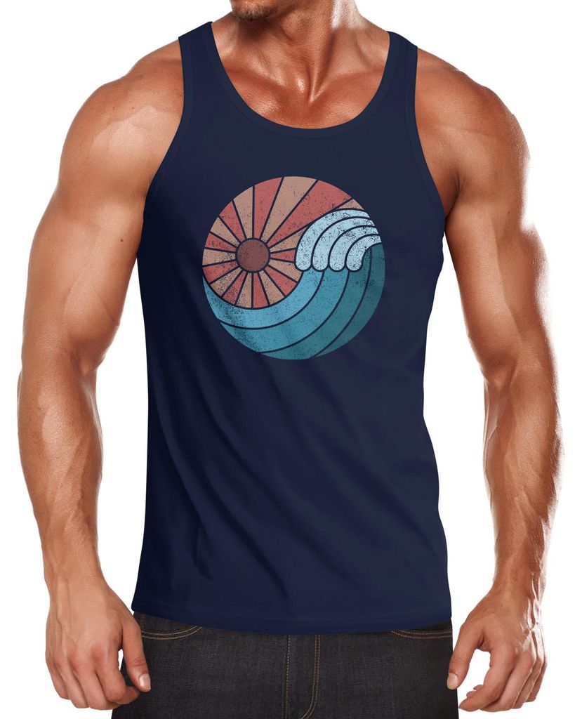 Herren Tank-Top Welle Wave Sonne Sommer Retro Vintage Printshirt Muskelshirt Muscle Shirt Neverless navy L