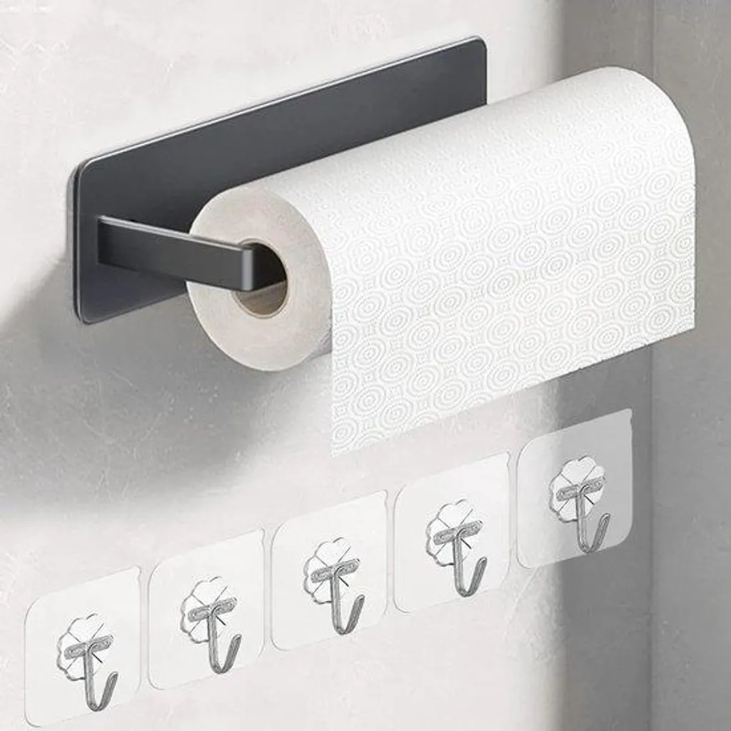 Porte-Rouleau Essuie-Tout Gris Métallisé avec Crochets de Rangement
