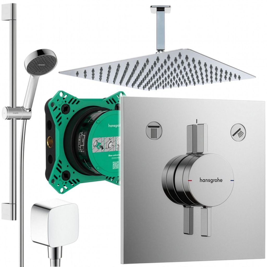 Hansgrohe und Jowi Unterputz Duschsystem, 650mm Brausestange, 300x300mm Kopfbrause, DuoTurn E Duscharmatur, Deckenanschluss