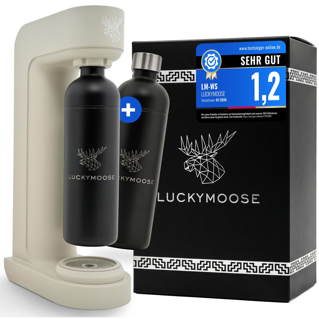 Luckymoose Infinity Wassersprudler mit 2x 1,25L langlebigen, spülmaschinenfesten Edelstahlflaschen – CO2-sparende Sprudelwasser Maschine
