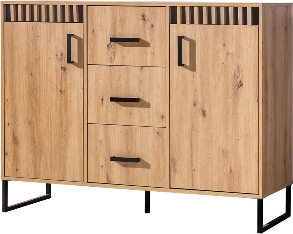 Minio, Kommode, Sideboard "Melle" 135 cm, Decorpaneel mit oder ohne Lamellen, Artisan Eiche/Schwarz Matt Farbe