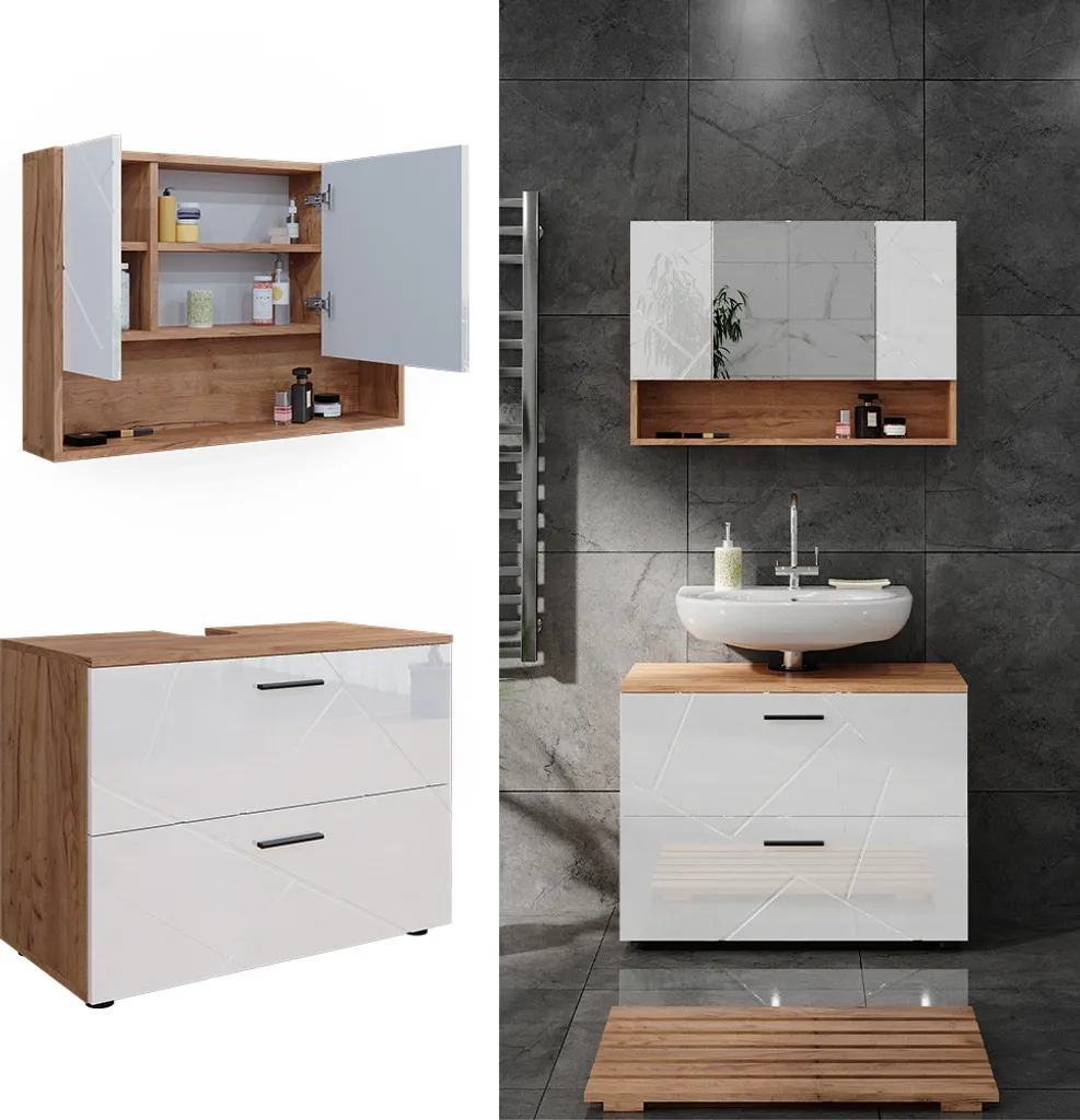 Ensemble Vicco Irma Blanc Brillant Chêne Doré : Meuble 80cm Design Moderne