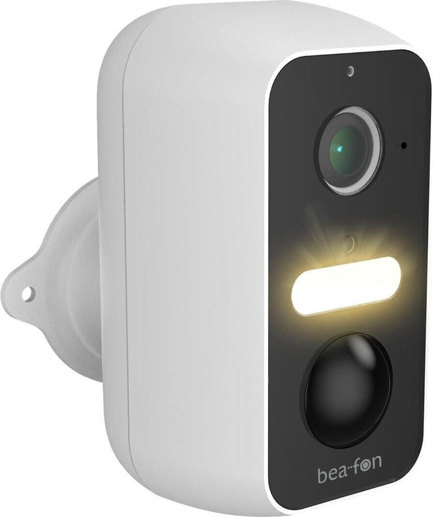 A white security camera with a black faceplate, mounted on a white bracket.