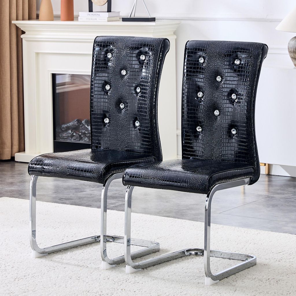 Schwarze Esszimmerstühle 2er Set elegante Polsterstühle in Kroko-Optik glänzendes Chrom-Metallgestell exklusive Küchenstühle mit Kristallknöpfen