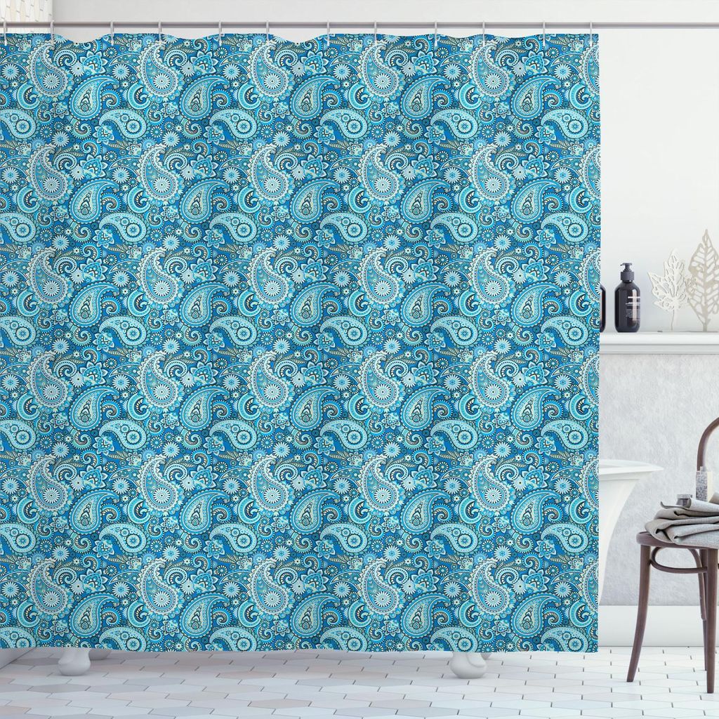 ABAKUHAUS blau Paisley Duschvorhang, Folk Ornament Blumen gleiche Elemente Buta Motive Illustration Drucken, 175 x 180 cm, Sea Blue Almond Grün