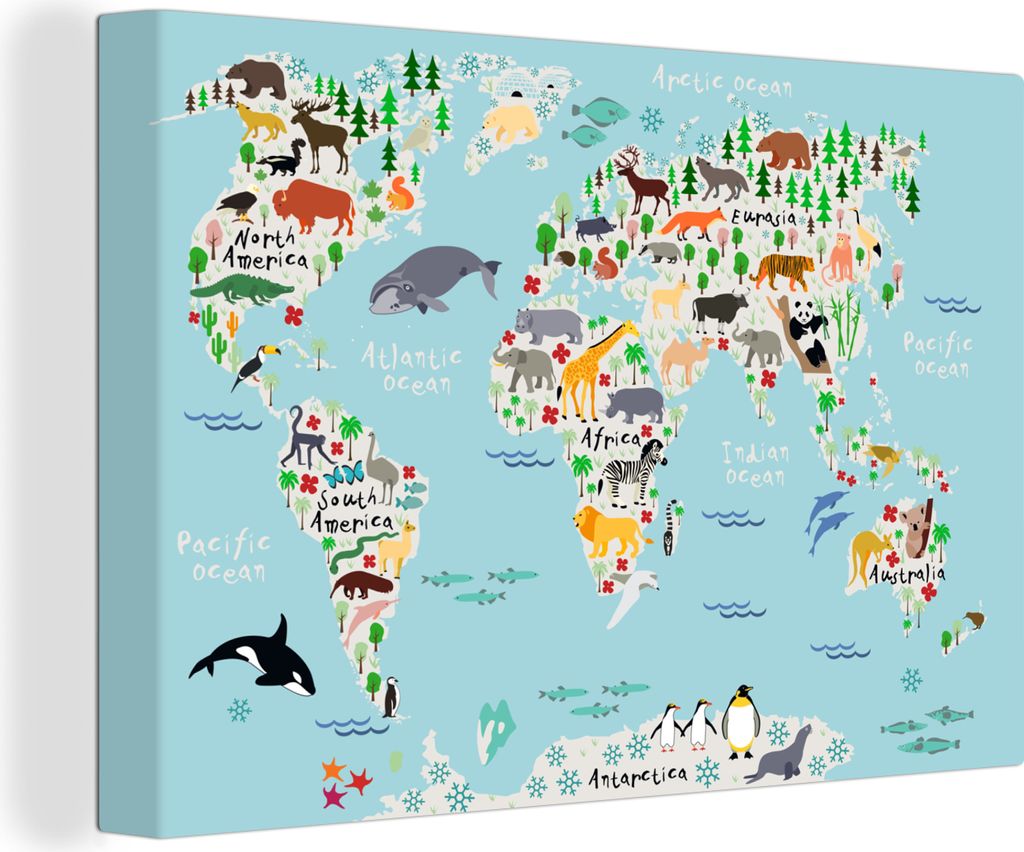 OneMillionCanvasses - Leinwandbilder - 140x90 cm, Weltkarte - Kinder - Tiere - Blau - Orca - Wal, Wandbilder Kunstdruck Wanddekoration - Foto auf...