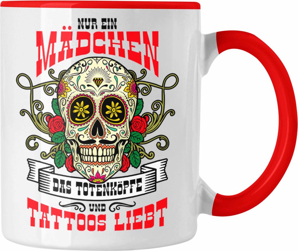 Trendation - Tattoo Frau Geschenk Nur Ein Mädchen Das Totenköpfe und Tattoos Liebt Tattoowierte Frau (Rot)