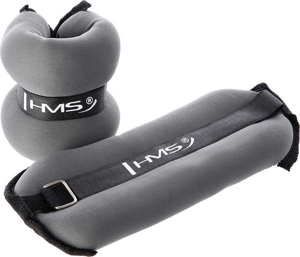 A pair of gray ankle weights with black straps and a logo.