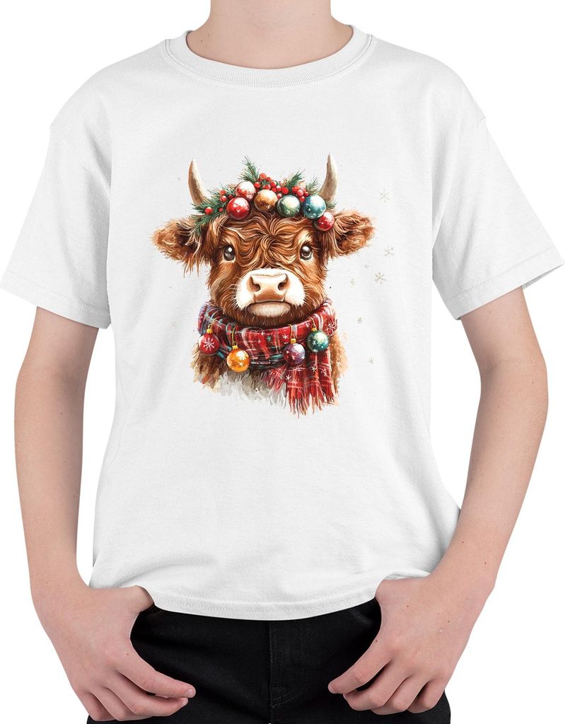 Highland Kuh Weihnachtskranz Weihnachtskugeln Schal Schneeflocken Uni Kinder T-Shirt, Weiß, 104