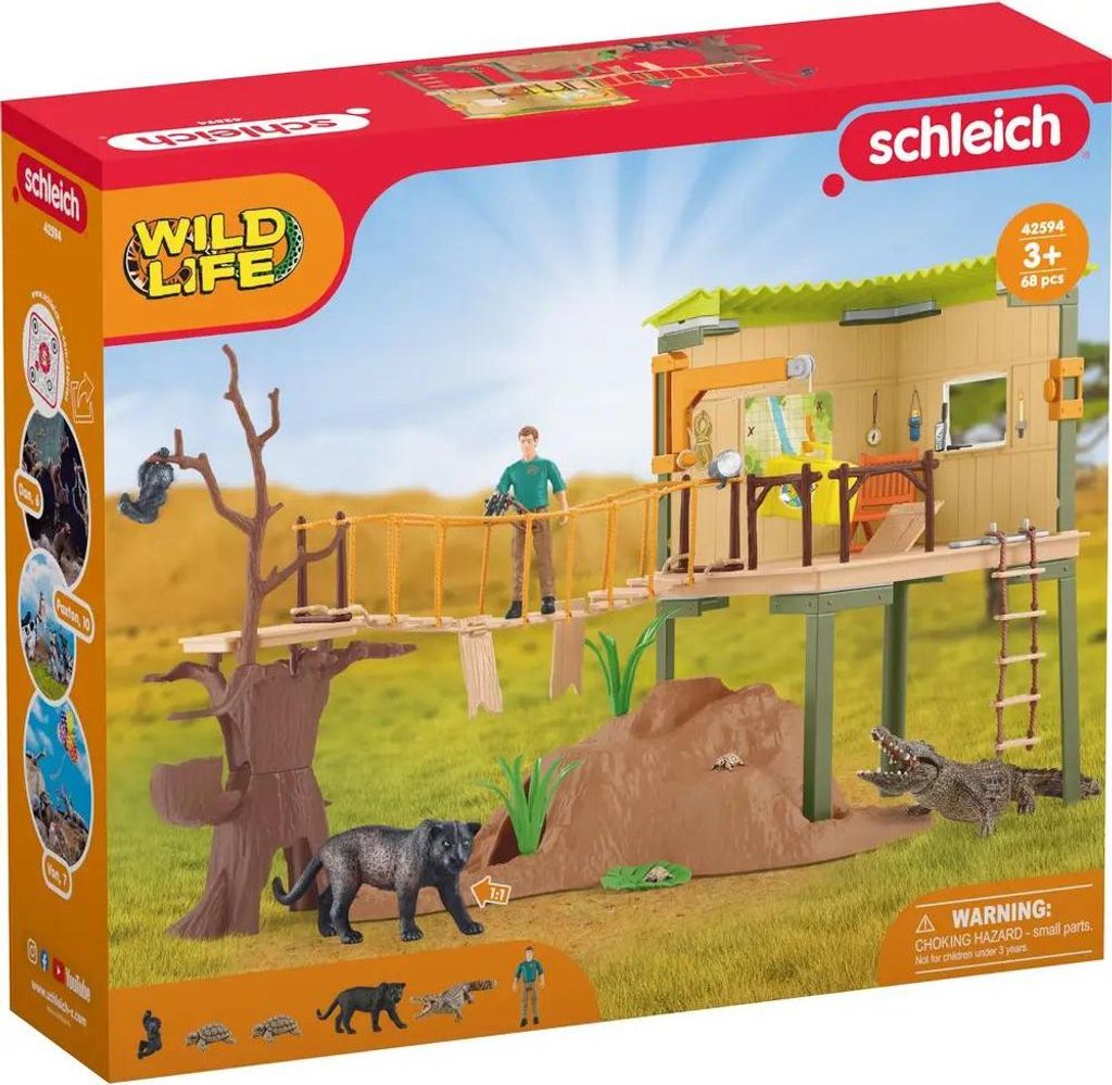 The image shows the packaging of a Schleich Wild Life Adventure Station playset, featuring a treehouse, bridge, and various animal figures in a savanna-like setting.